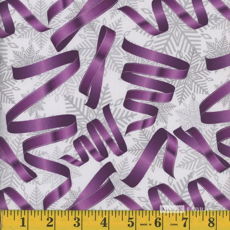 Mook Fabrics Christmas Purple Ribbons Silver Snowflakes 100% Cotton Fabric By the yard