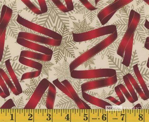 Mook Fabrics Christmas Red Ribbons Silver Snowflakes 100% Cotton Fabric By the yard