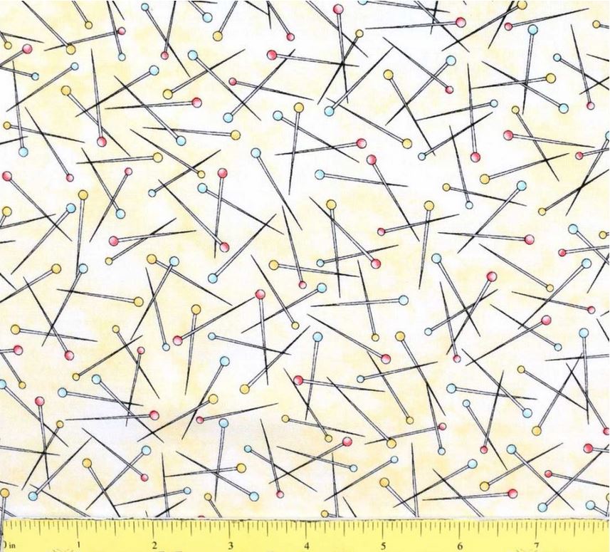 44 x 36 Sewing Pins on Light Yellow 100% Cotton Novelty