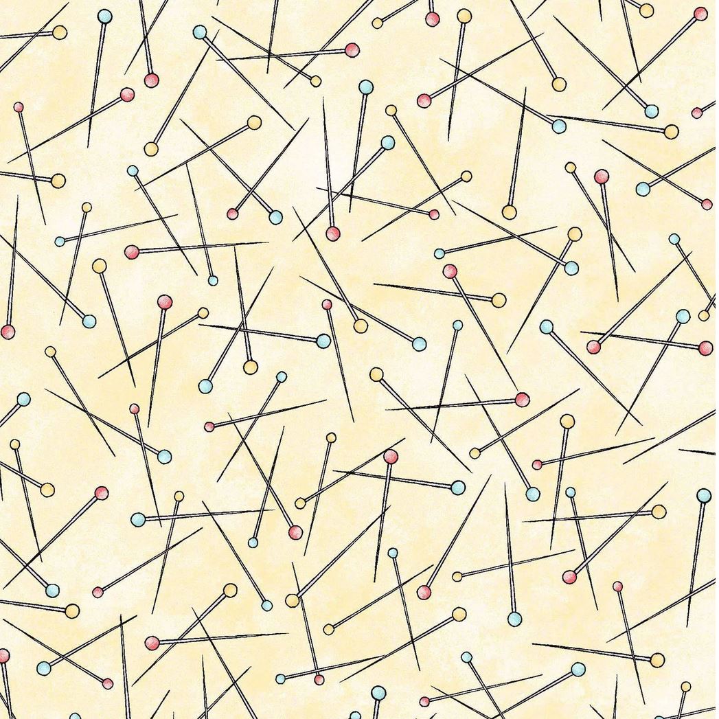 44 x 36 Sewing Pins on Light Yellow 100% Cotton Novelty