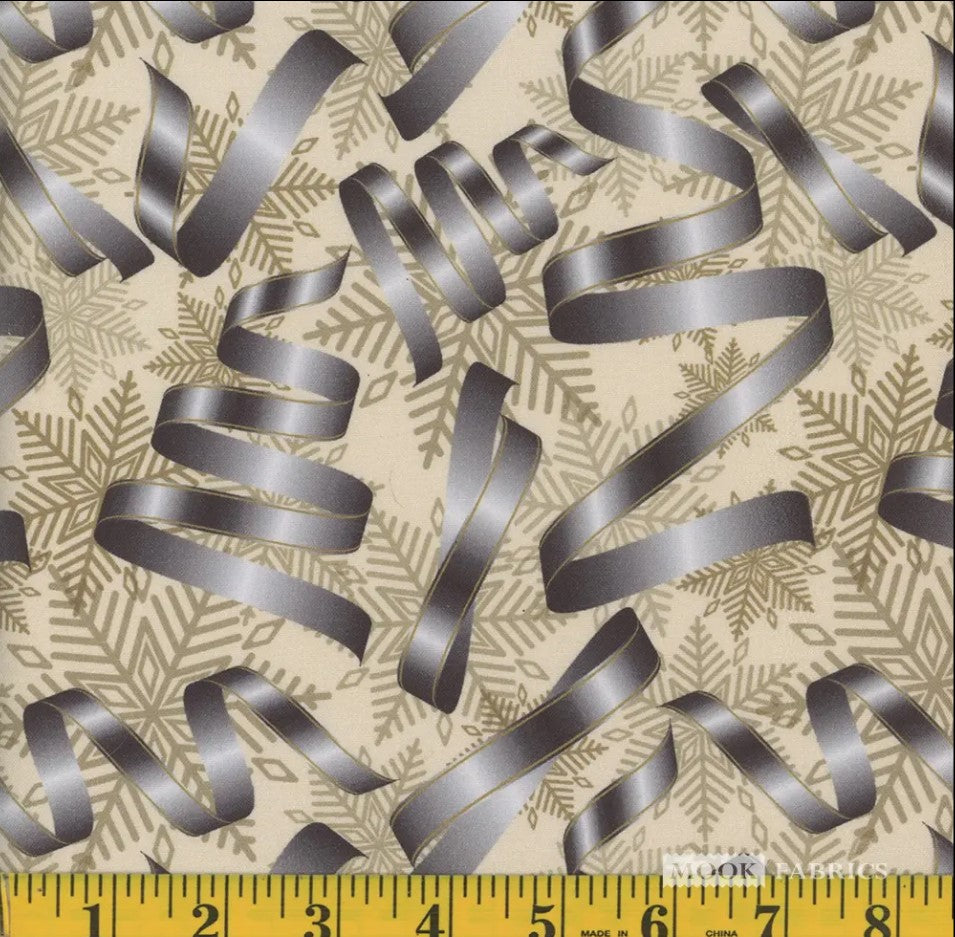 Mook Fabrics Christmas Silver Ribbons and Snowflakes on Beige 100% Cotton Fabric By the yard