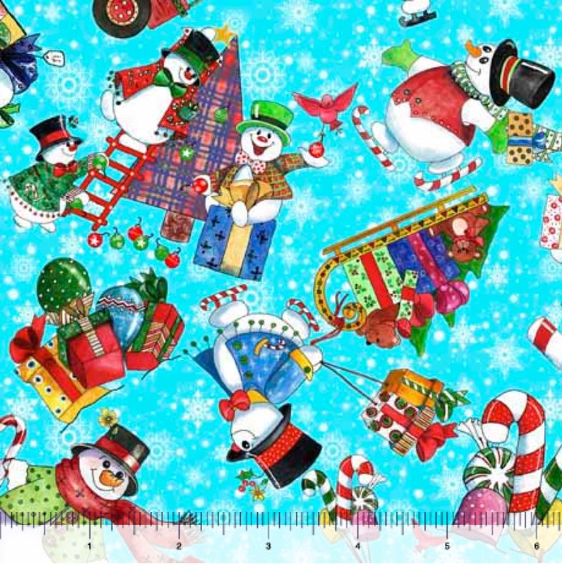 44 x 36 Snowman toss on Blue Quilting Treasures 100% Cotton Christmas