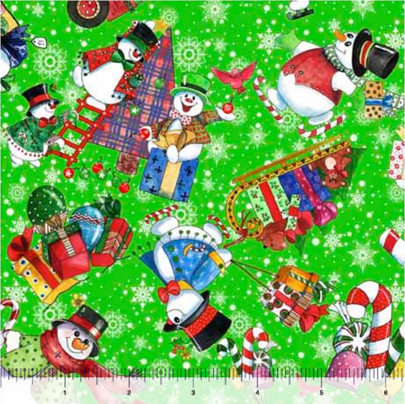 44 x 36 Snowman toss on Green Quilting Treasures 100% Cotton Christmas