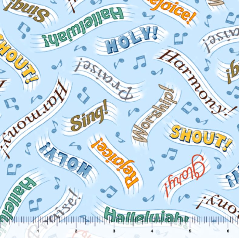 44 x 36 Songs Hymn text on Light Blue Quilting Treasures 100% Cotton Christmas