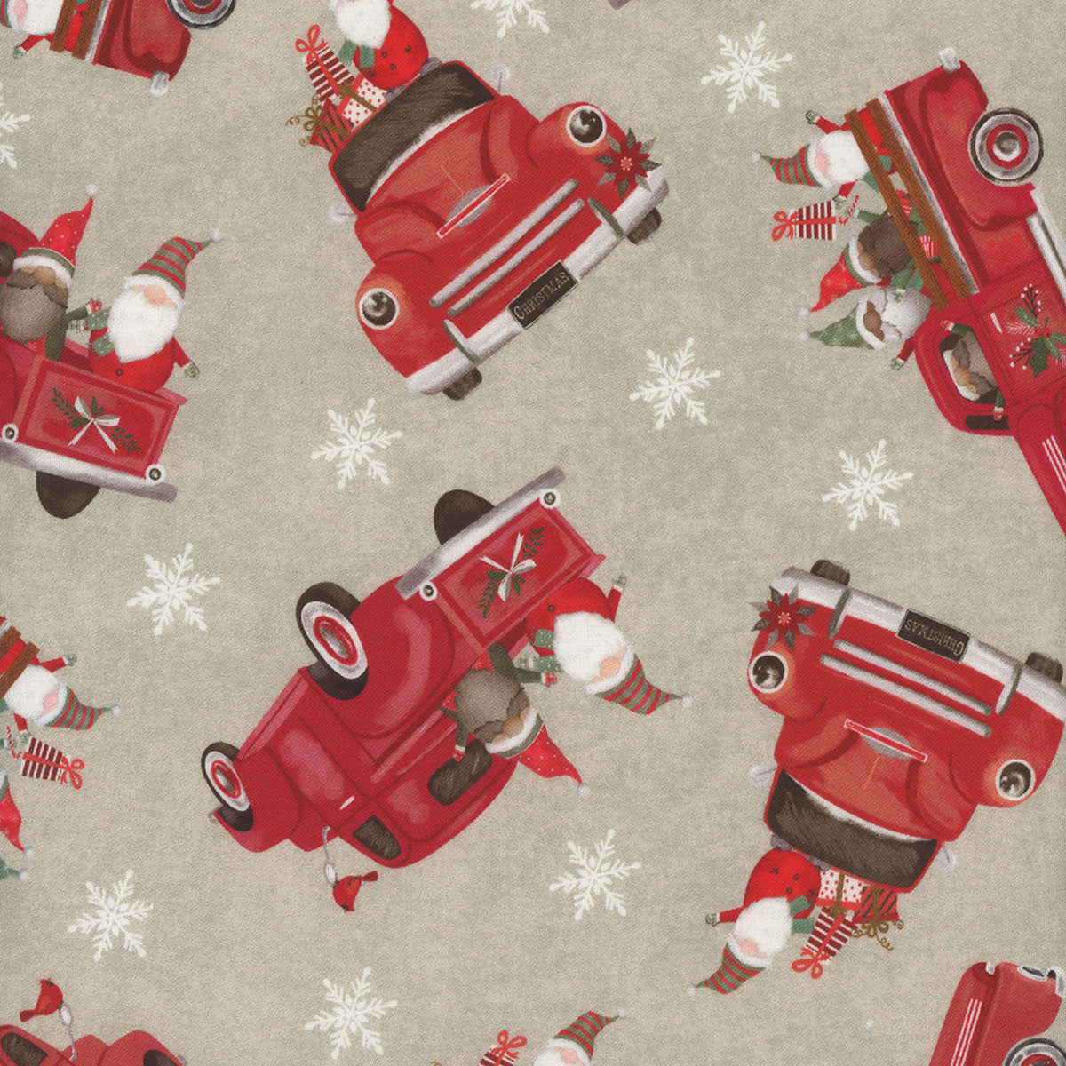 44 x 36 Timeless Treasures Christmas Truck And Gnome Beige Let It Snow 100% Cotton Fabric