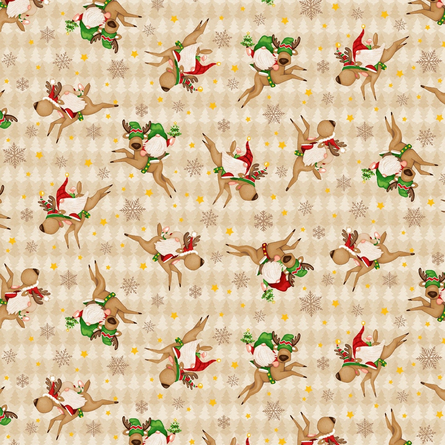 44 x 36 Tossed Gnomies on Reindeer Timber Gnomies Tree Farm Beige Henry Glass 100% Cotton All Over Print