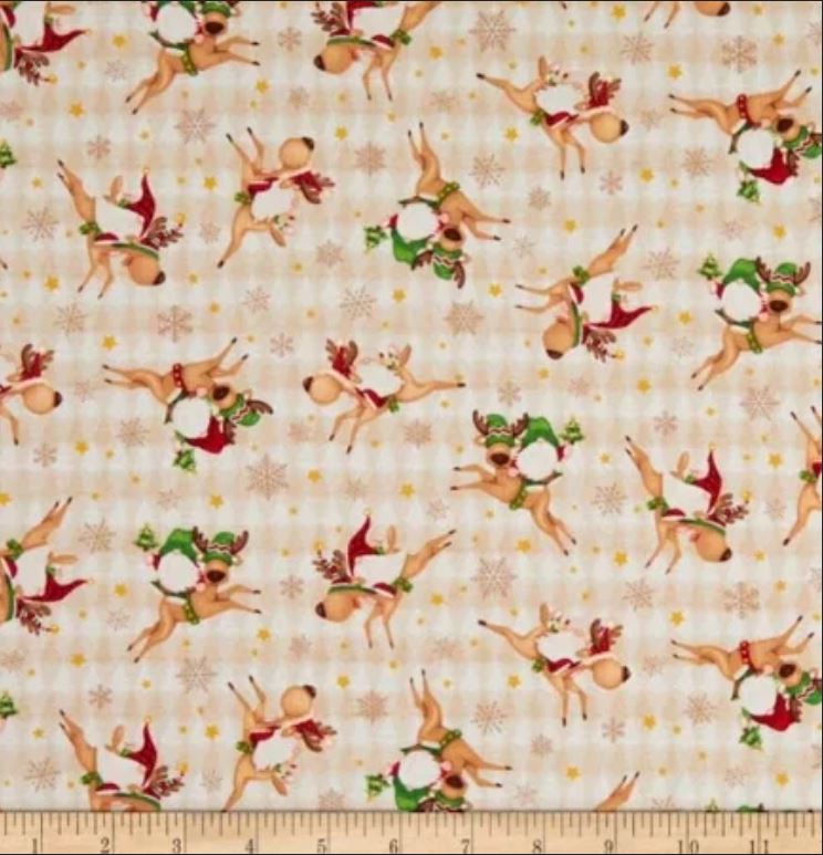 44 x 36 Tossed Gnomies on Reindeer Timber Gnomies Tree Farm Beige Henry Glass 100% Cotton All Over Print