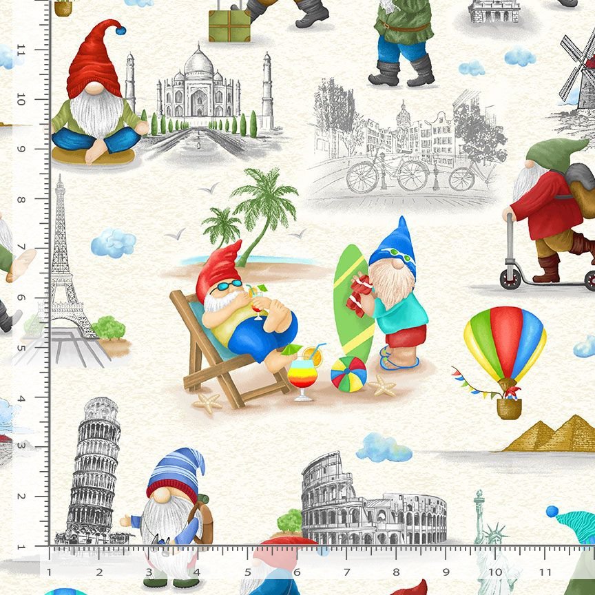 44 x 36 Traveling Gnomes Cream 100% Cotton Timeless Treasures All Over Prints