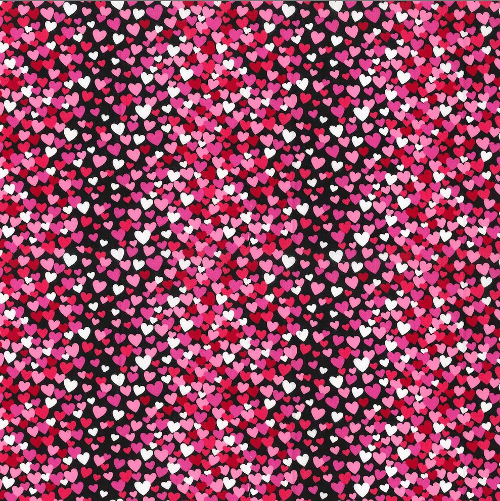 44 x 36 Valentine Tossed Hearts on Black Fabric Traditions 100% Cotton