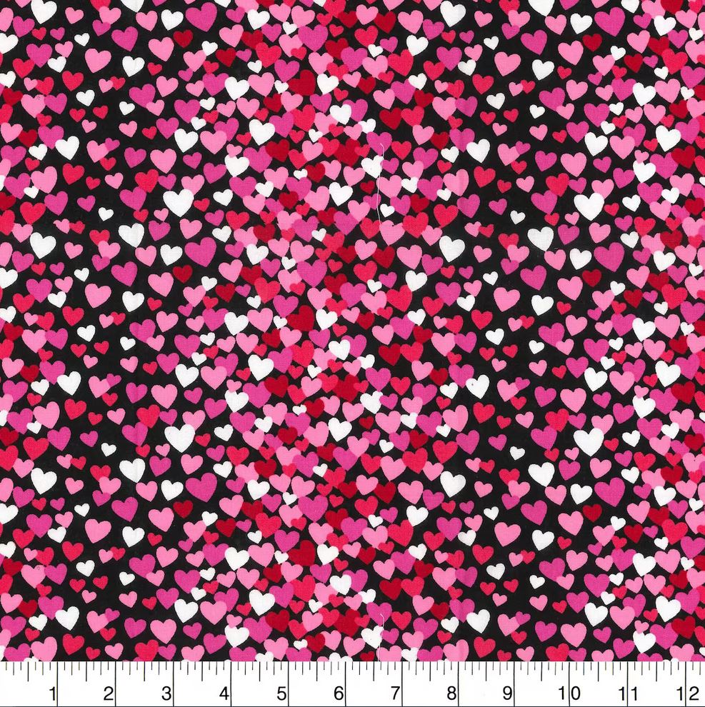 44 x 36 Valentine Tossed Hearts on Black Fabric Traditions 100% Cotton