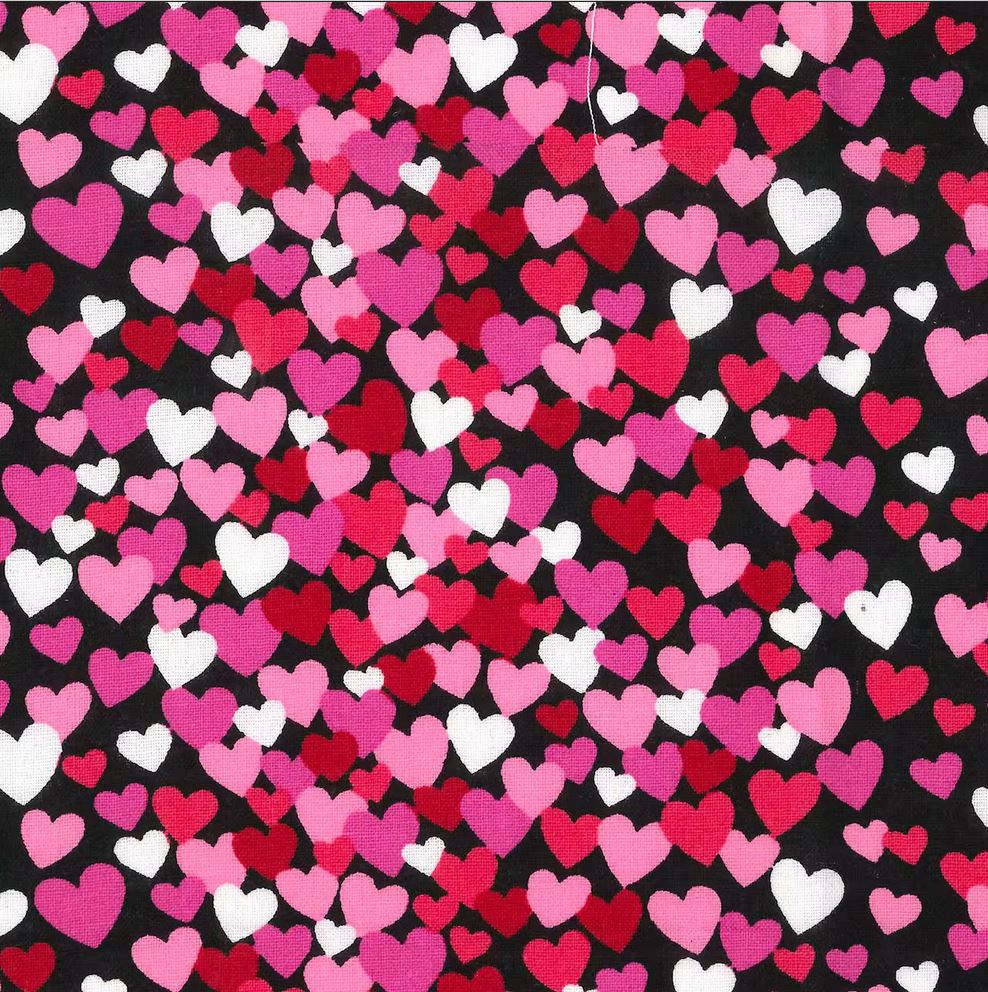 44 x 36 Valentine Tossed Hearts on Black Fabric Traditions 100% Cotton