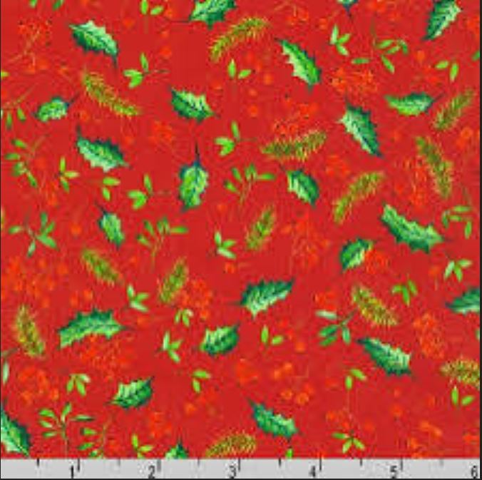 44 x 36 Yuletide Bouquet Leaves and Berries Red 100% Cotton Robert Kaufman Christmas