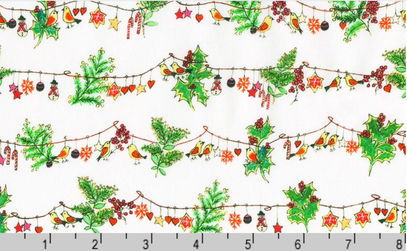 44 x 36 Yuletide Bouquet Strings of Birds on White Robert Kaufman 100% Cotton Christmas
