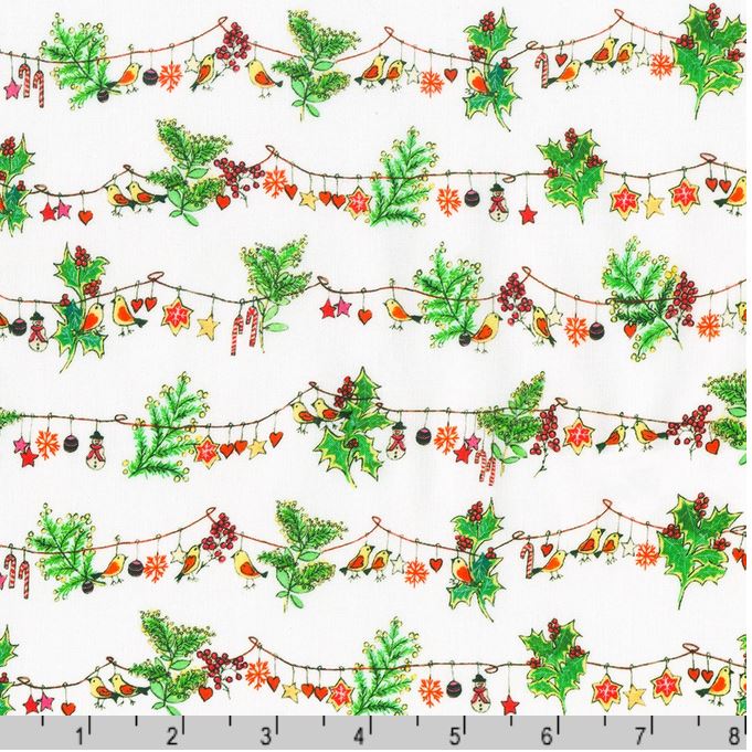 44 x 36 Yuletide Bouquet Strings of Birds on White Robert Kaufman 100% Cotton Christmas