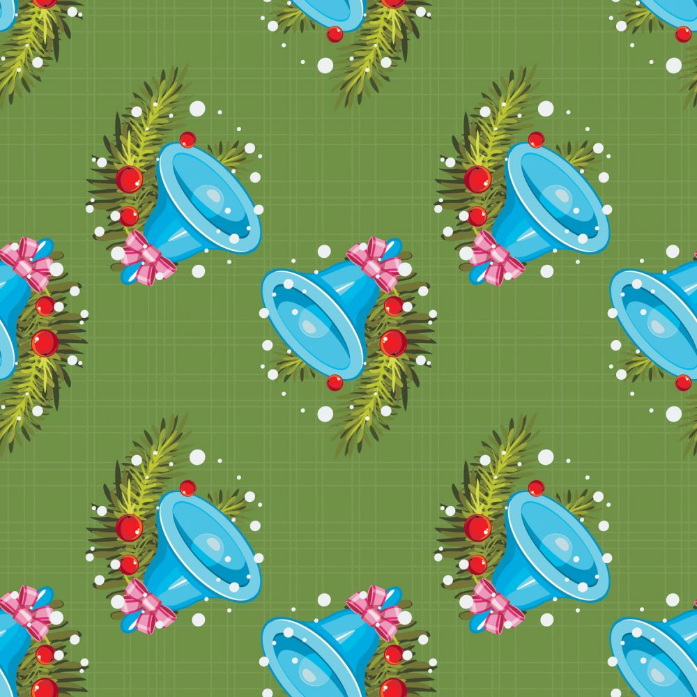 45 x 36 Christmas Blue Bells on Green Plaid 100% Cotton Fabric