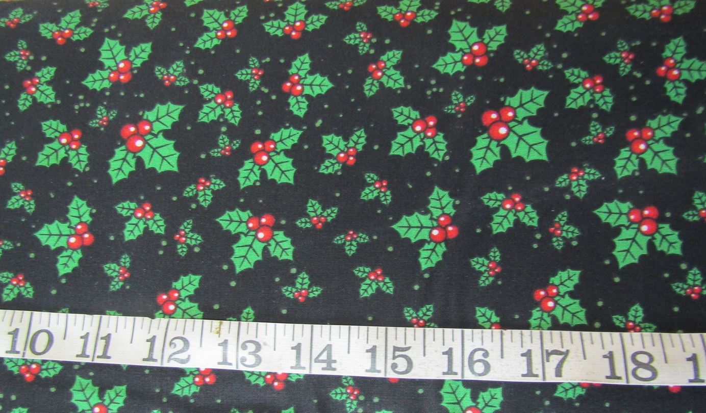 Christmas Holly Berry on Black 100% Cotton Fabric Price per Yard