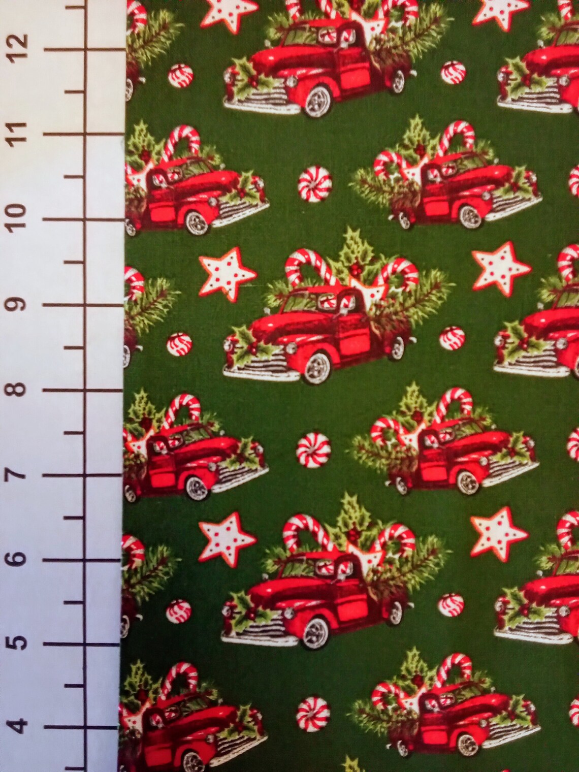Christmas Loaded Down Red Truck on Green 100% Cotton Fabric