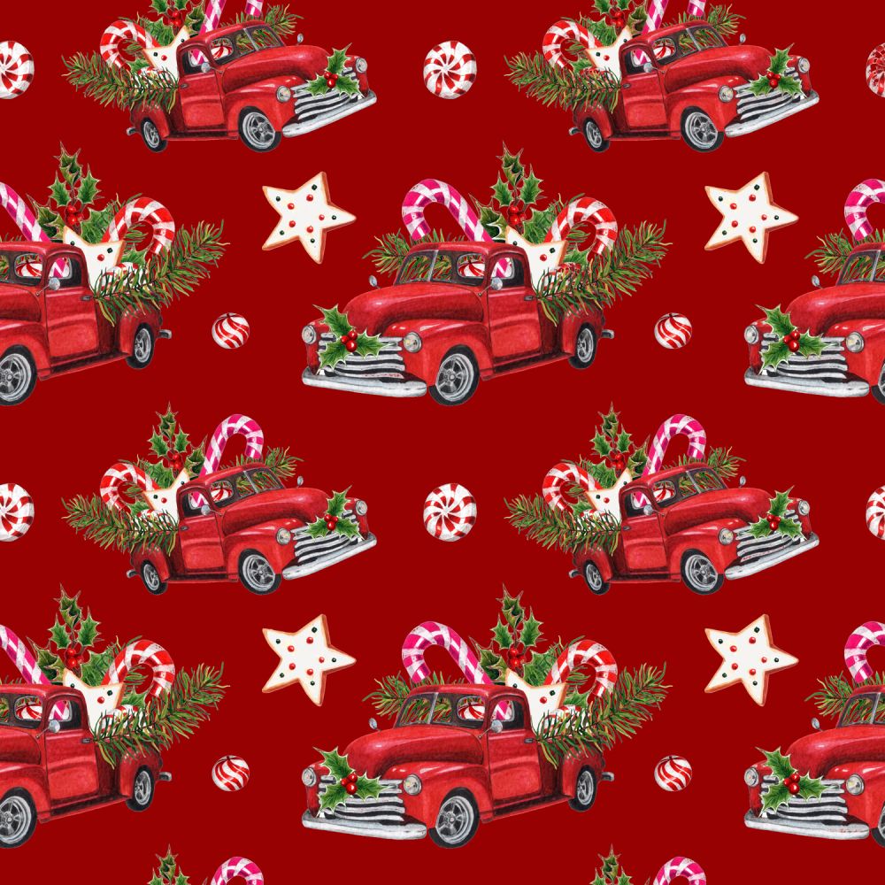 Christmas Loaded Down Red Truck on Red 100% Cotton Fabric Price per Yard