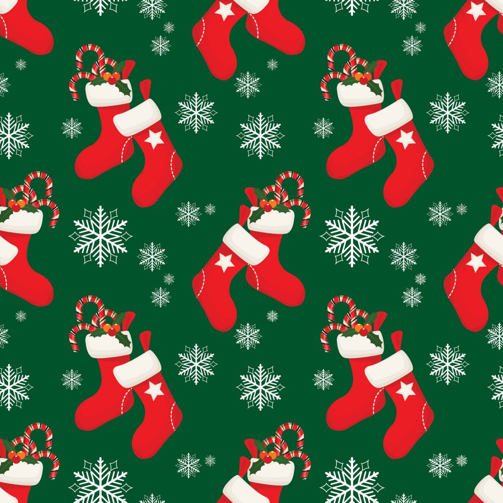 Christmas Red Stockings and Candy Canes on Green 100% Cotton Fabric By the Yard
