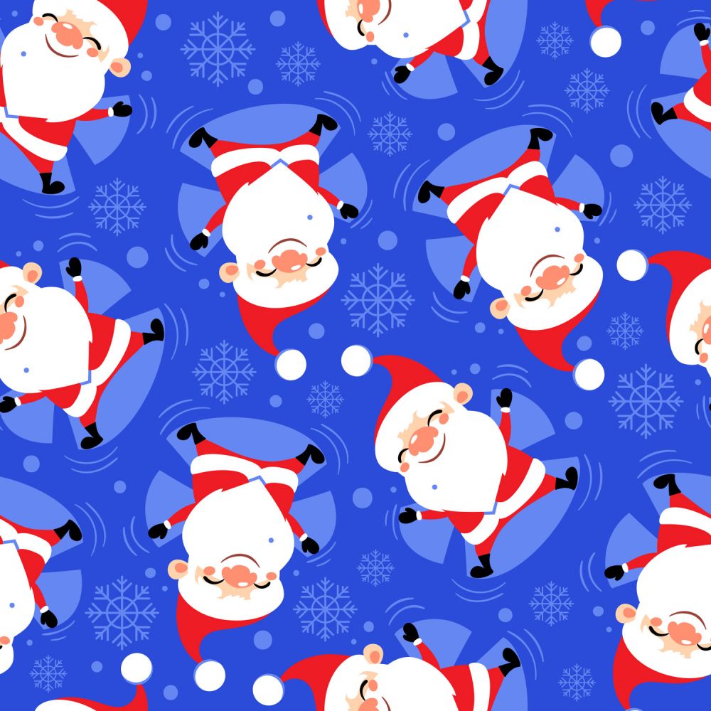 Christmas Santa making Snow Angels on Blue 100% Cotton Fabric