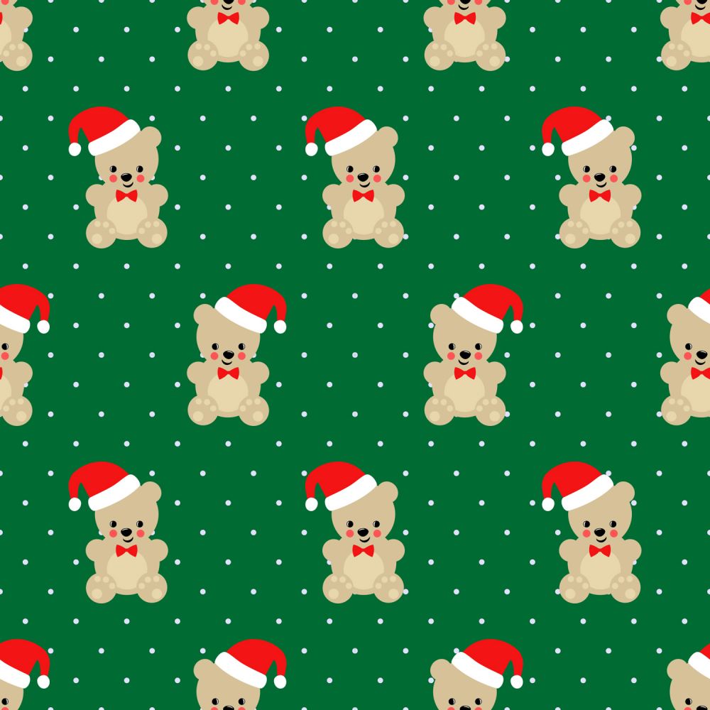 45 x 36 Christmas Teddy Bears on Green with Dots 100% Cotton Fabric