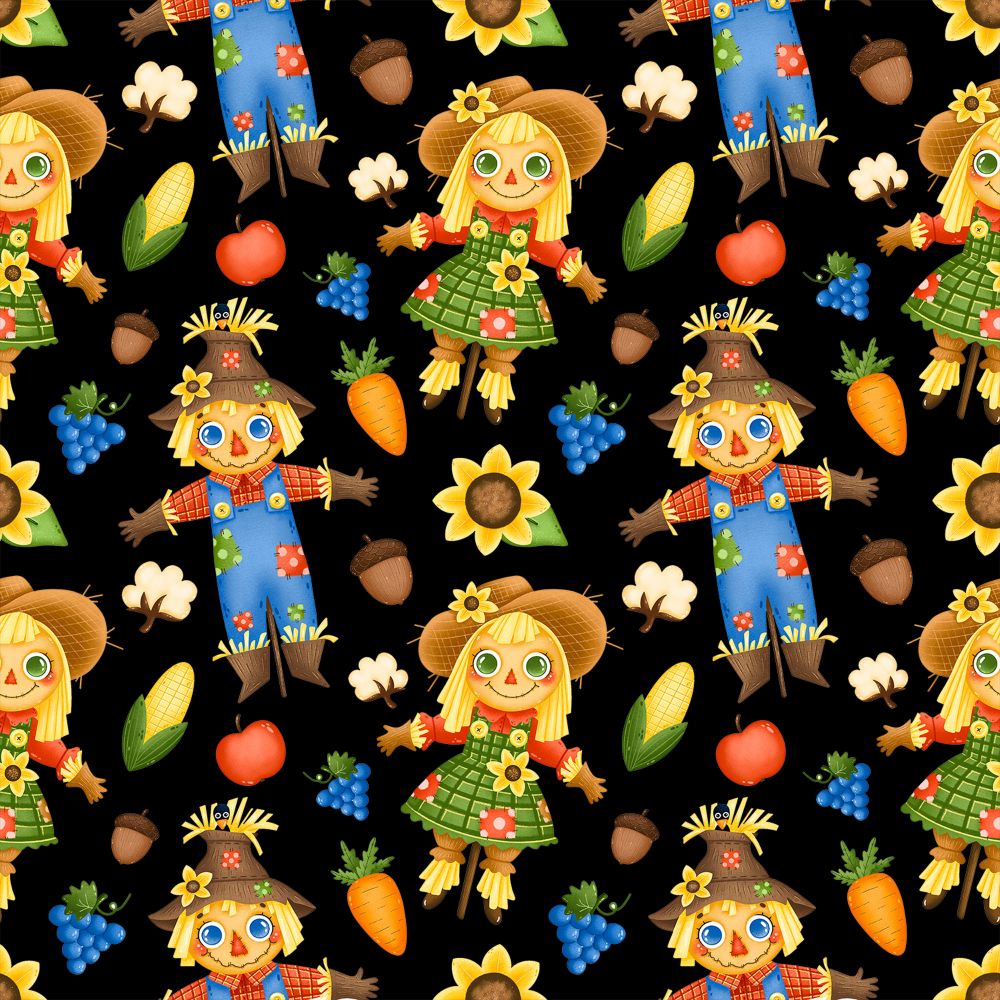 45 x 36 Fall Autumn Thanksgiving Fabric Fall Friends on Black 100% Cotton