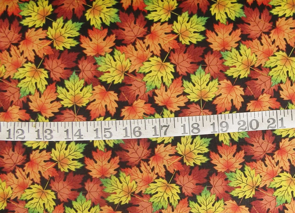 Thanksgiving Falling Autumn Leaves on Black 100% Cotton Fabric