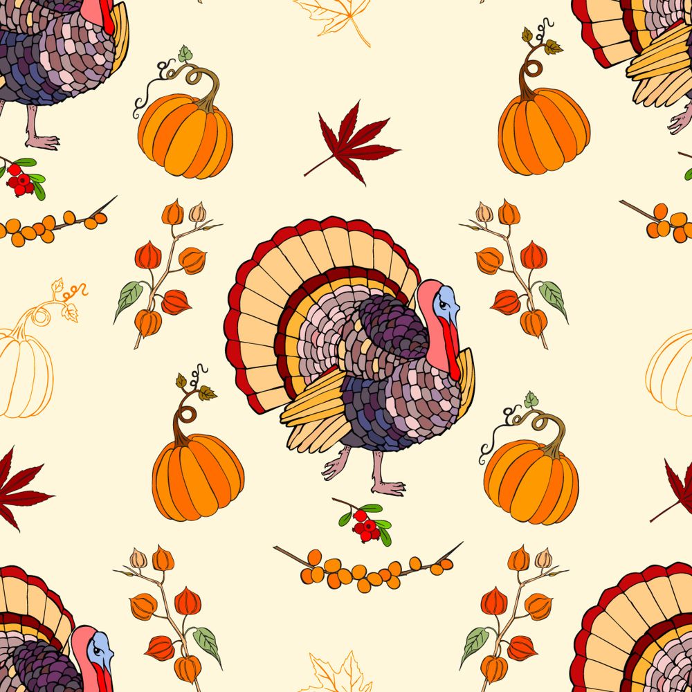 Fall Autumn Thanksgiving Turkey and Pumpkins on Cream 100% Cotton