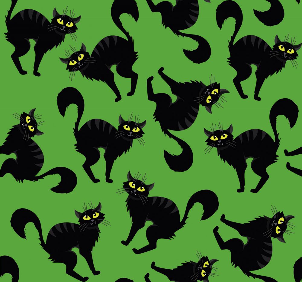 Halloween Creepy Black Cats on Green 100% Cotton Fabric