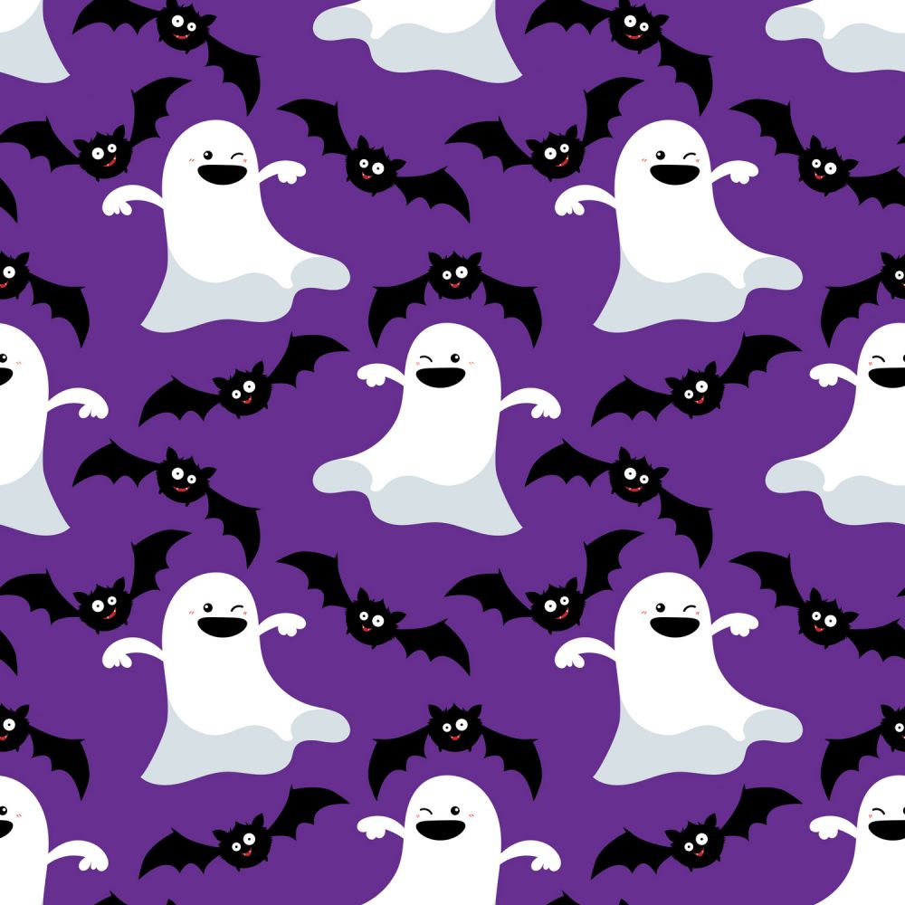 45 x 36 Halloween Dancing Ghosts and Bats on Purple 100% Cotton Fabric