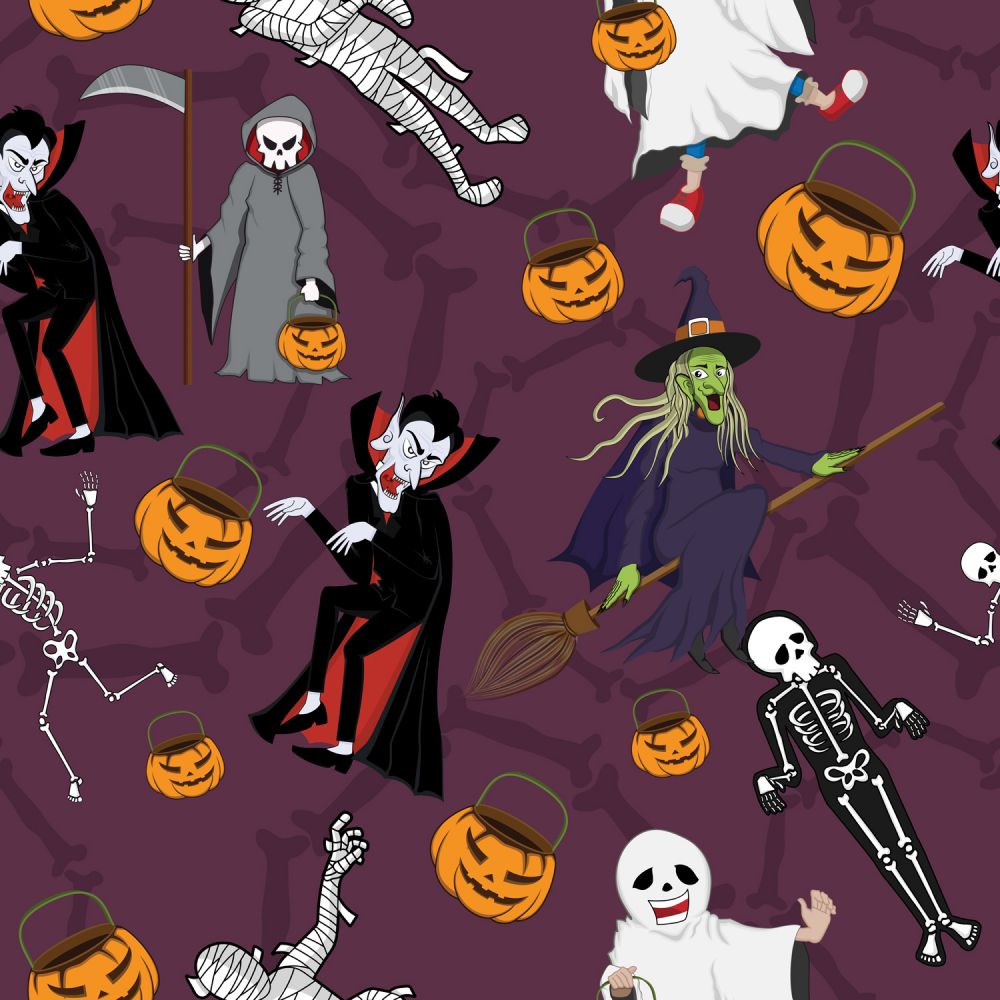 Halloween Dancing Monsters on Purple 100% Cotton Fabric