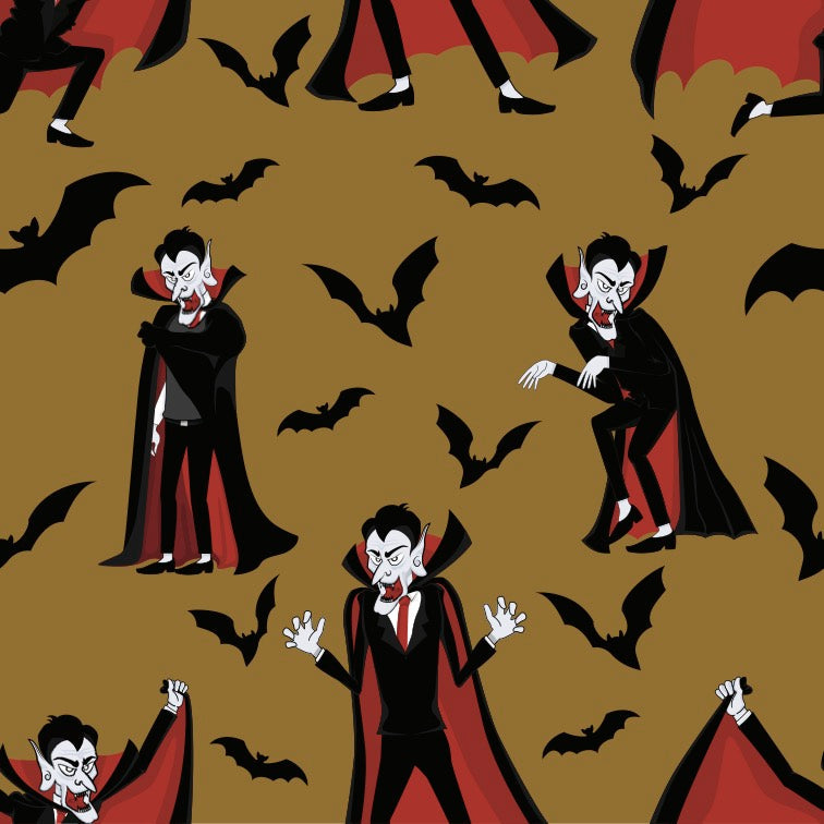 Halloween Dracula Vampire and Bats on Brown 100% Cotton Fabric