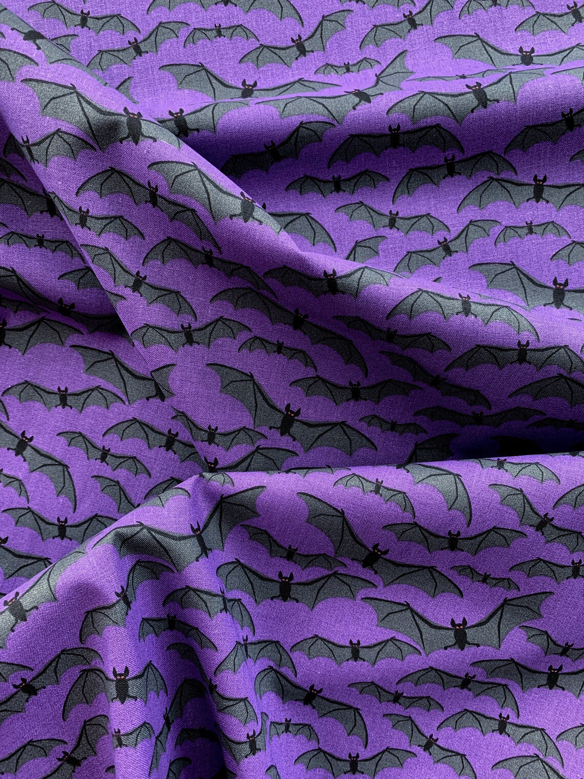 45 x 36 Halloween Flying Bats on Purple 100% Cotton Fabric