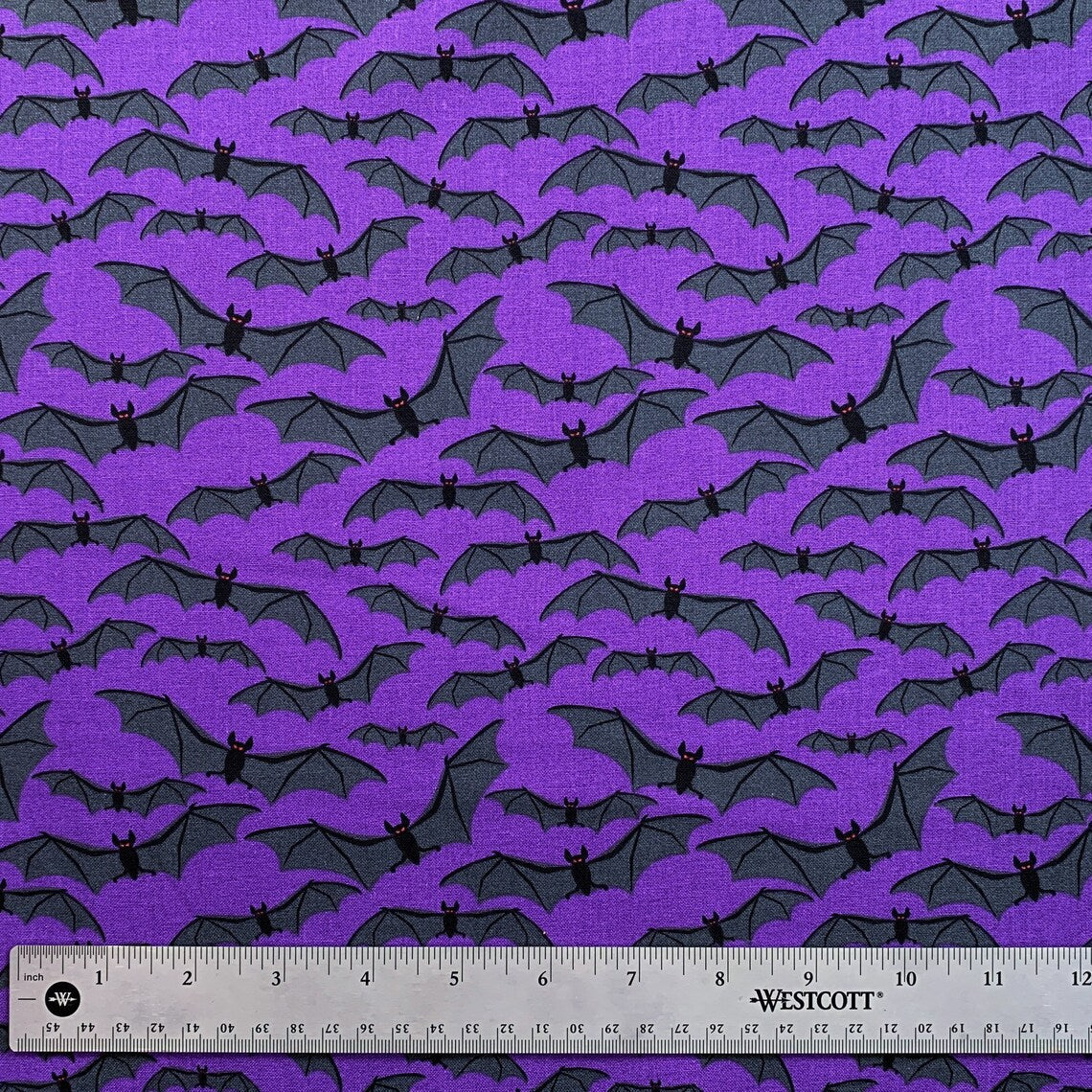 45 x 36 Halloween Flying Bats on Purple 100% Cotton Fabric