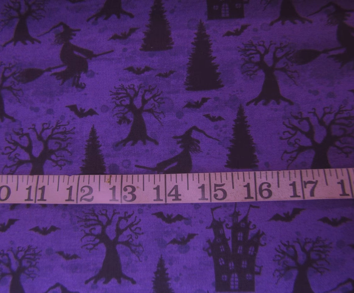 45 x 36 Halloween Witches Bats and Houses on Purple 100% Cotton Fabric
