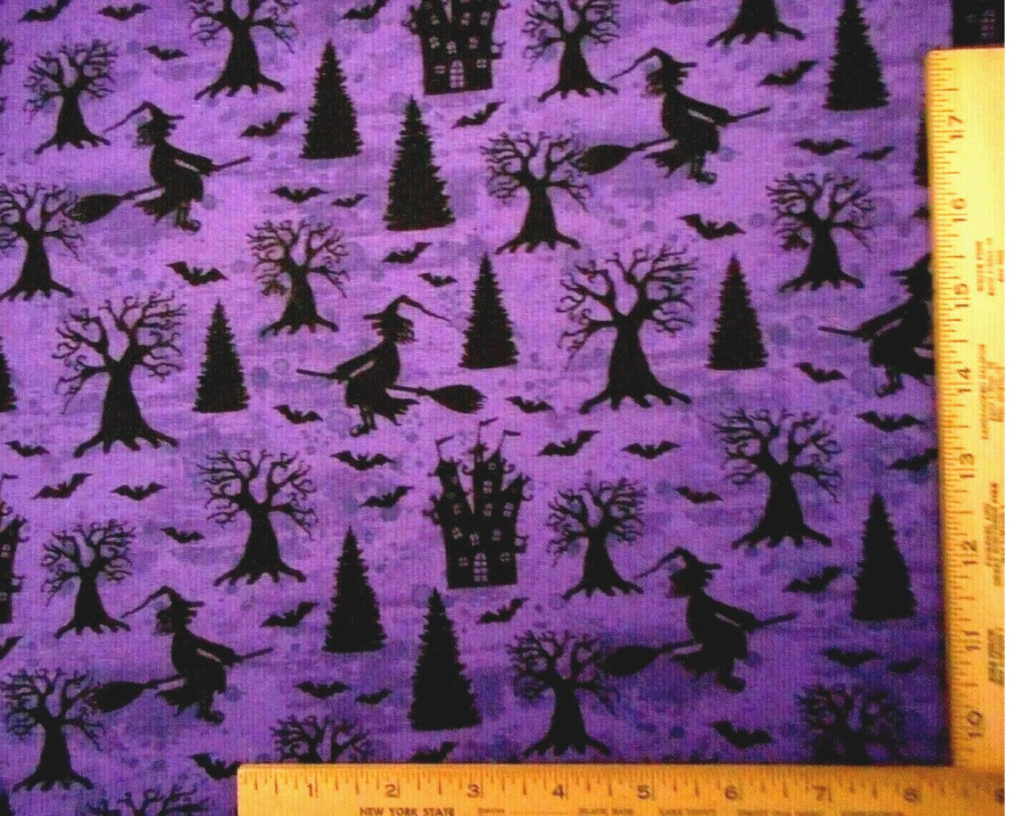 45 x 36 Halloween Witches Bats and Houses on Purple 100% Cotton Fabric