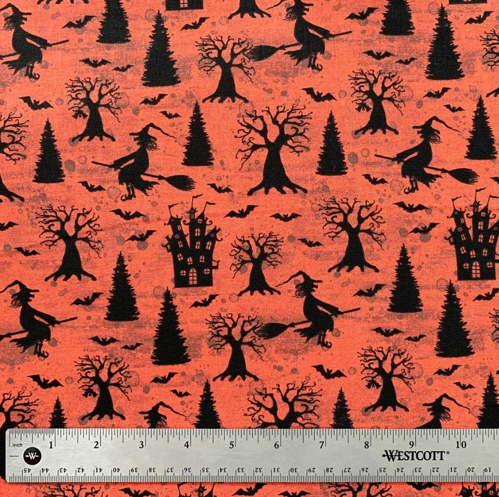 45 x 36 Halloween Flying Witches Bats and Houses on Red Orange 100% Cotton Fabric