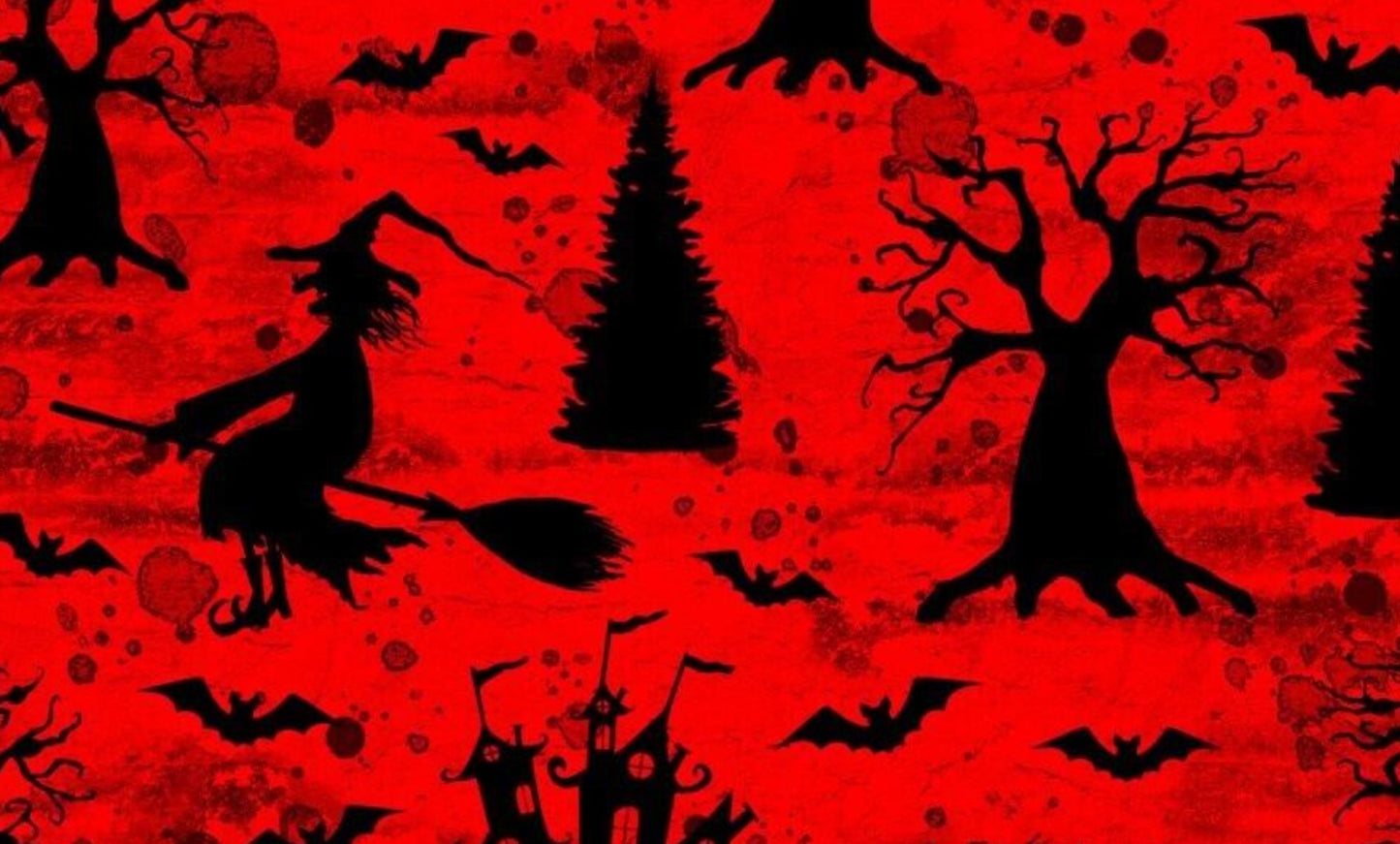 Halloween Flying Witches Bats and Houses on Red Orange 100% Cotton Fabric