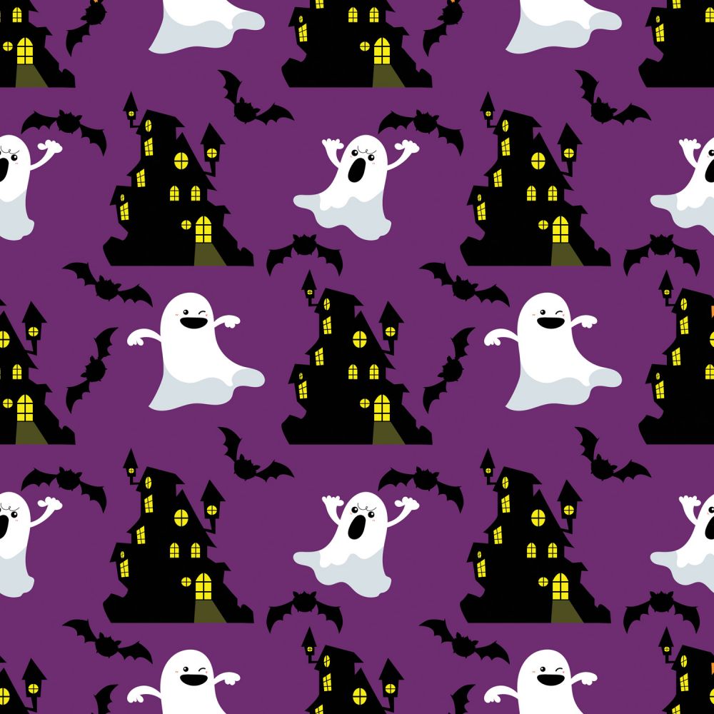 45 x 36 Halloween Ghosts and Haunted House on Purple 100% Cotton Fabric