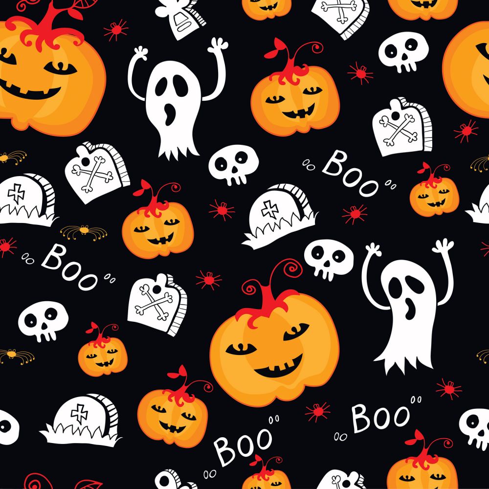 Halloween Ghosts BOO and Pumpkins on Black 100% Cotton Fabric
