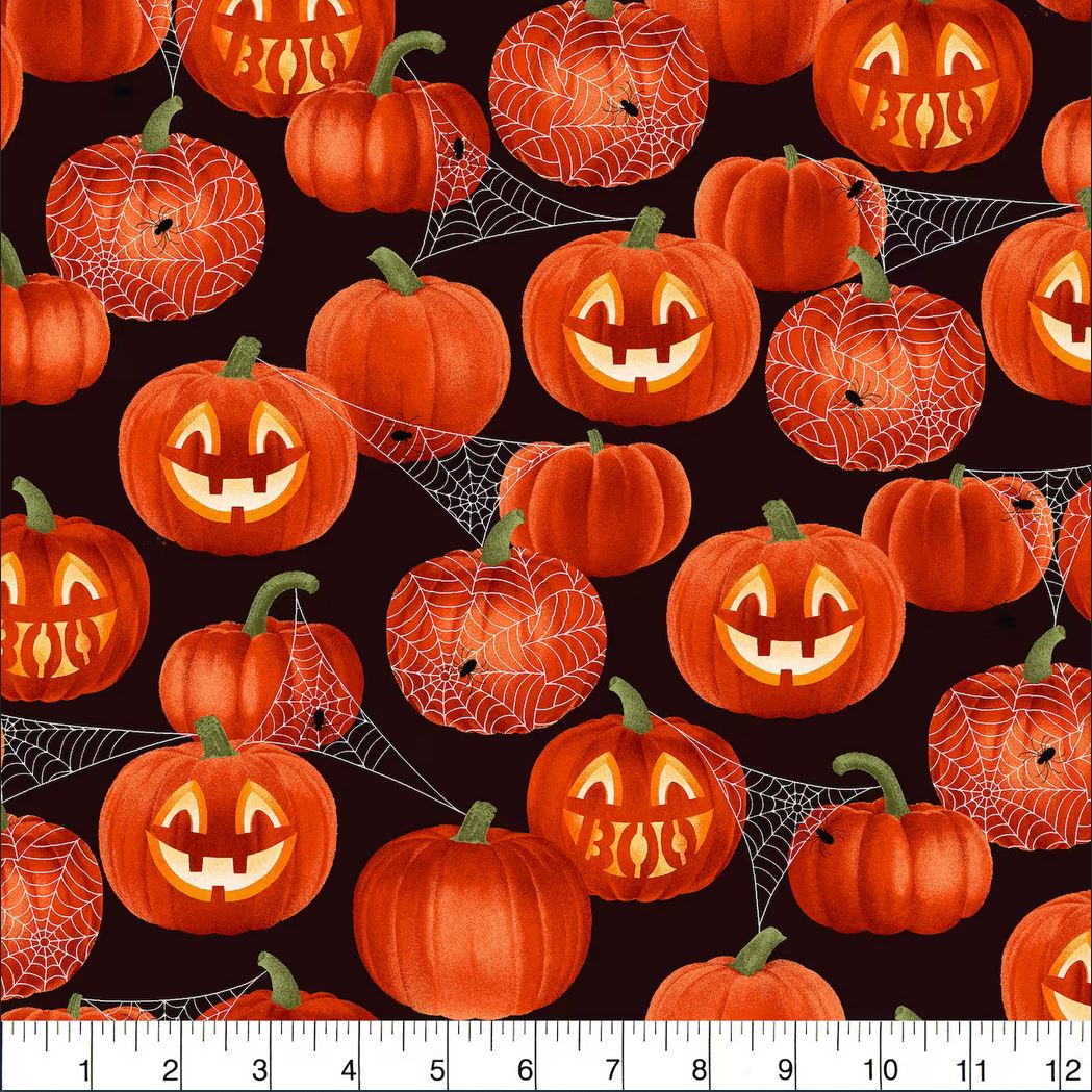 45 x 36 Halloween Glitter Smiling Pumpkins and Spiderwebs on Black 100% Cotton Fabric