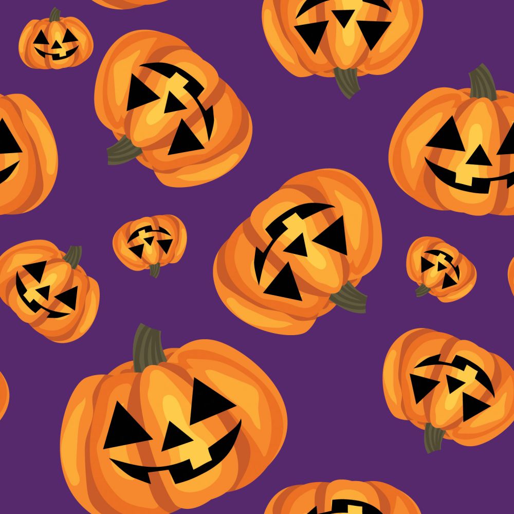 45 x 36 Halloween Happy Pumpkins on Purple 100% Cotton Fabric