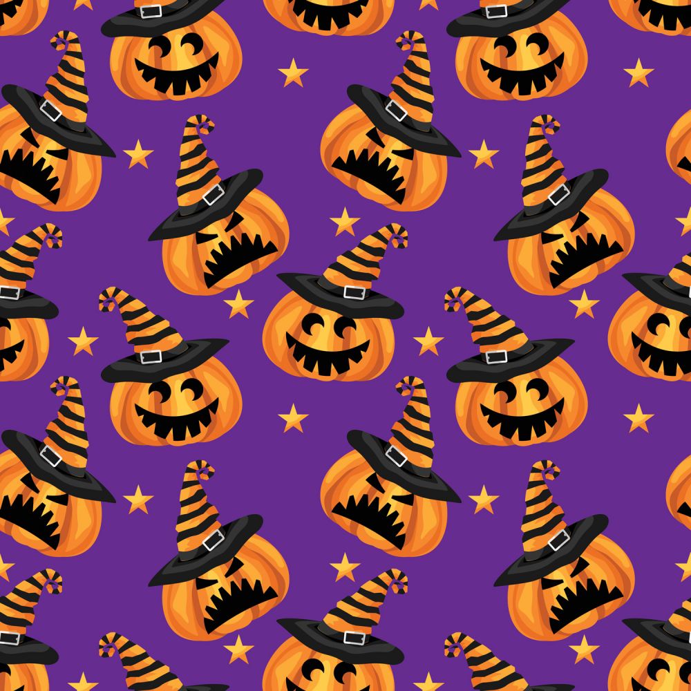 Halloween Mischievous Pumpkins on Purple 100% Cotton Price per Yard