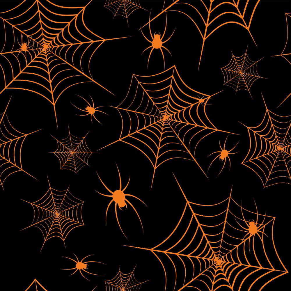 45 x 36 Halloween Orange Spiderwebs and Spiders on Black 100% Cotton Fabric