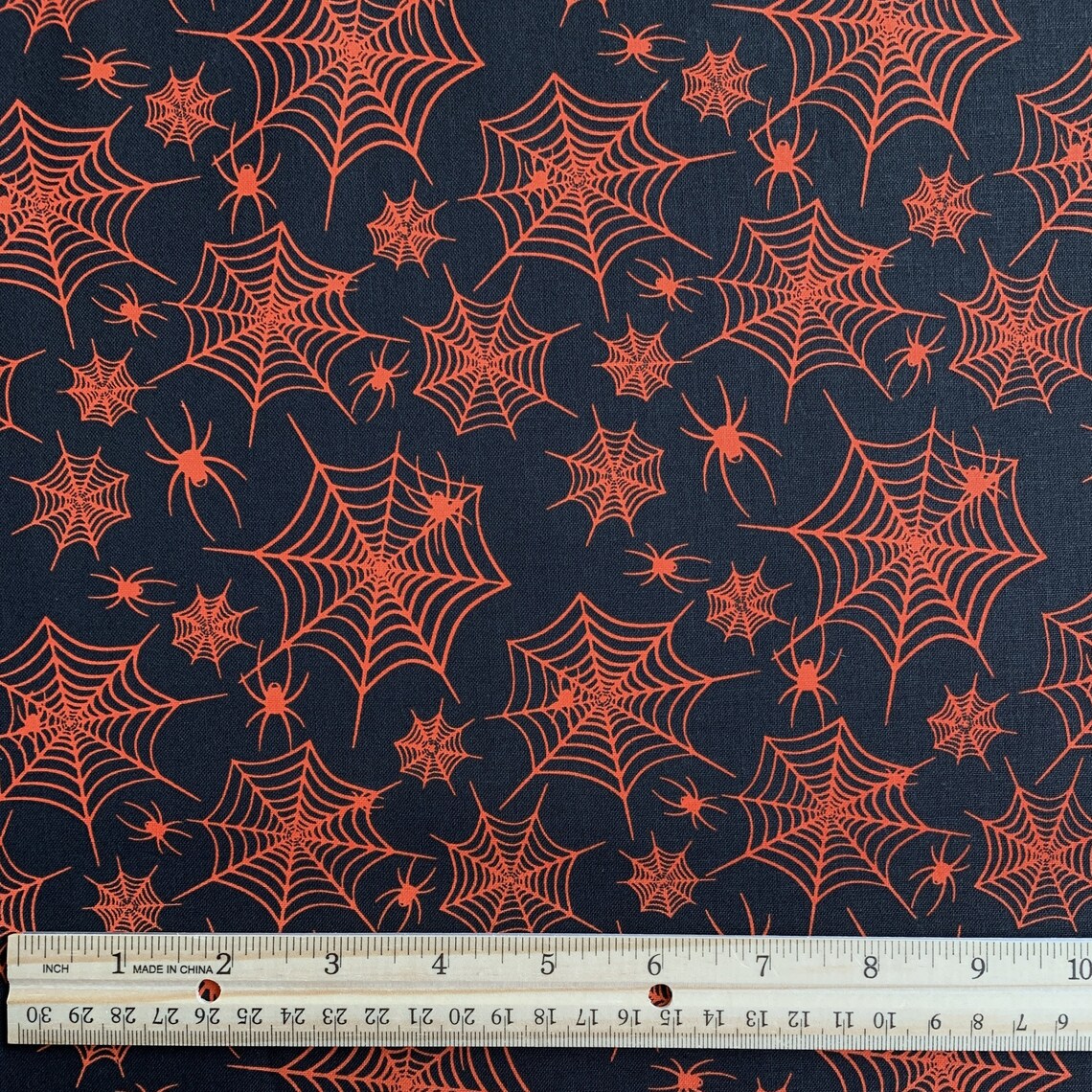 45 x 36 Halloween Orange Spiderwebs and Spiders on Black 100% Cotton Fabric