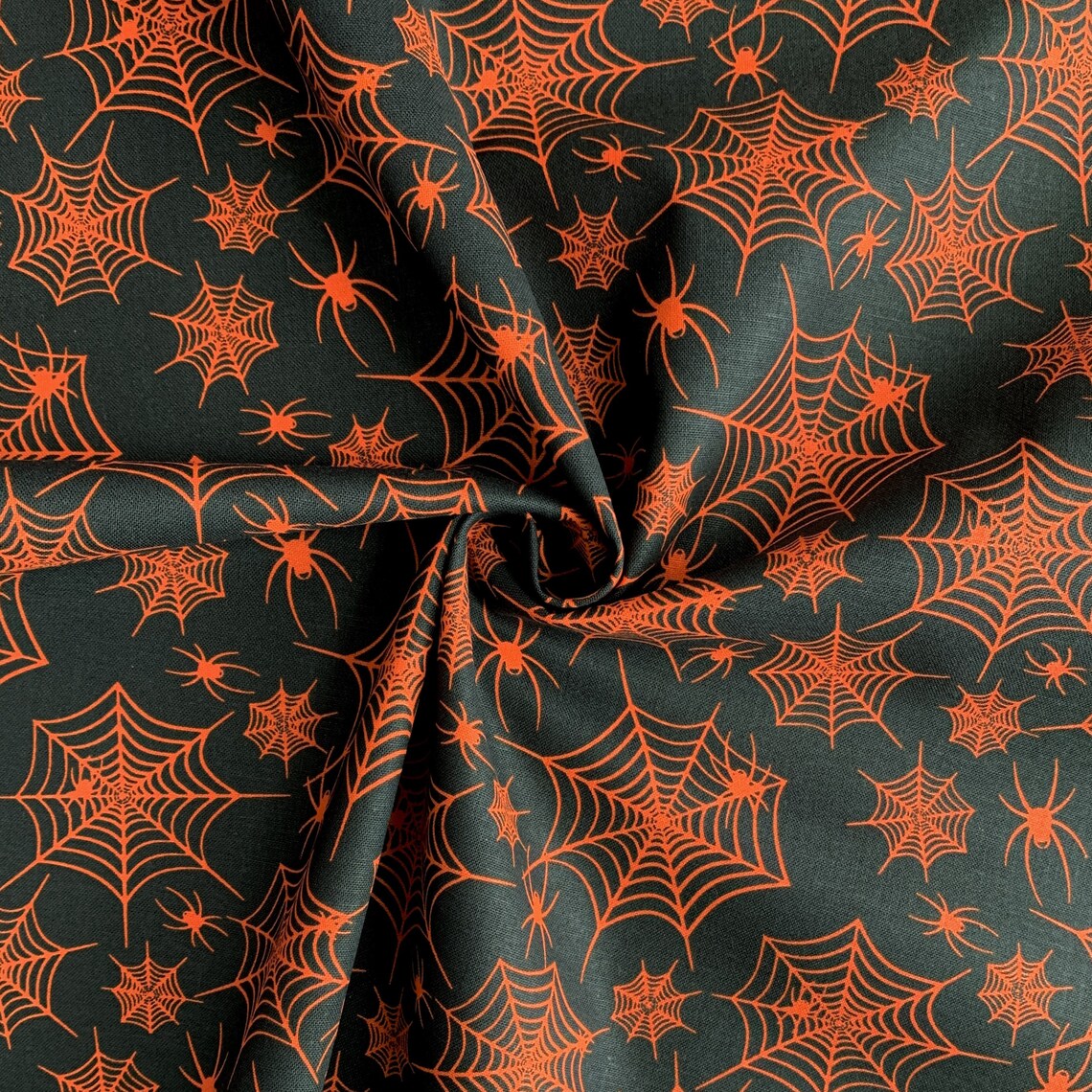 45 x 36 Halloween Orange Spiderwebs and Spiders on Black 100% Cotton Fabric