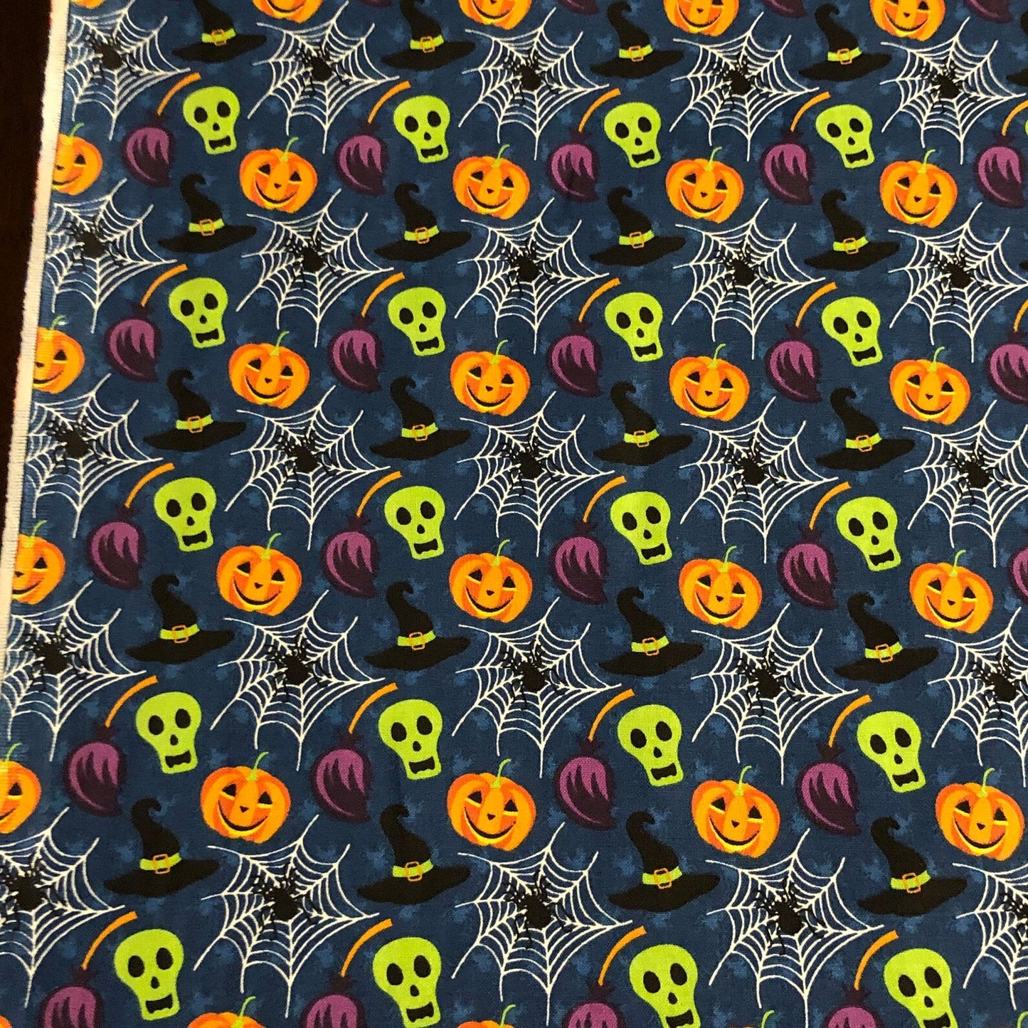 Halloween Pumpkin Skull Spiderweb on Navy 100% Cotton Fabric