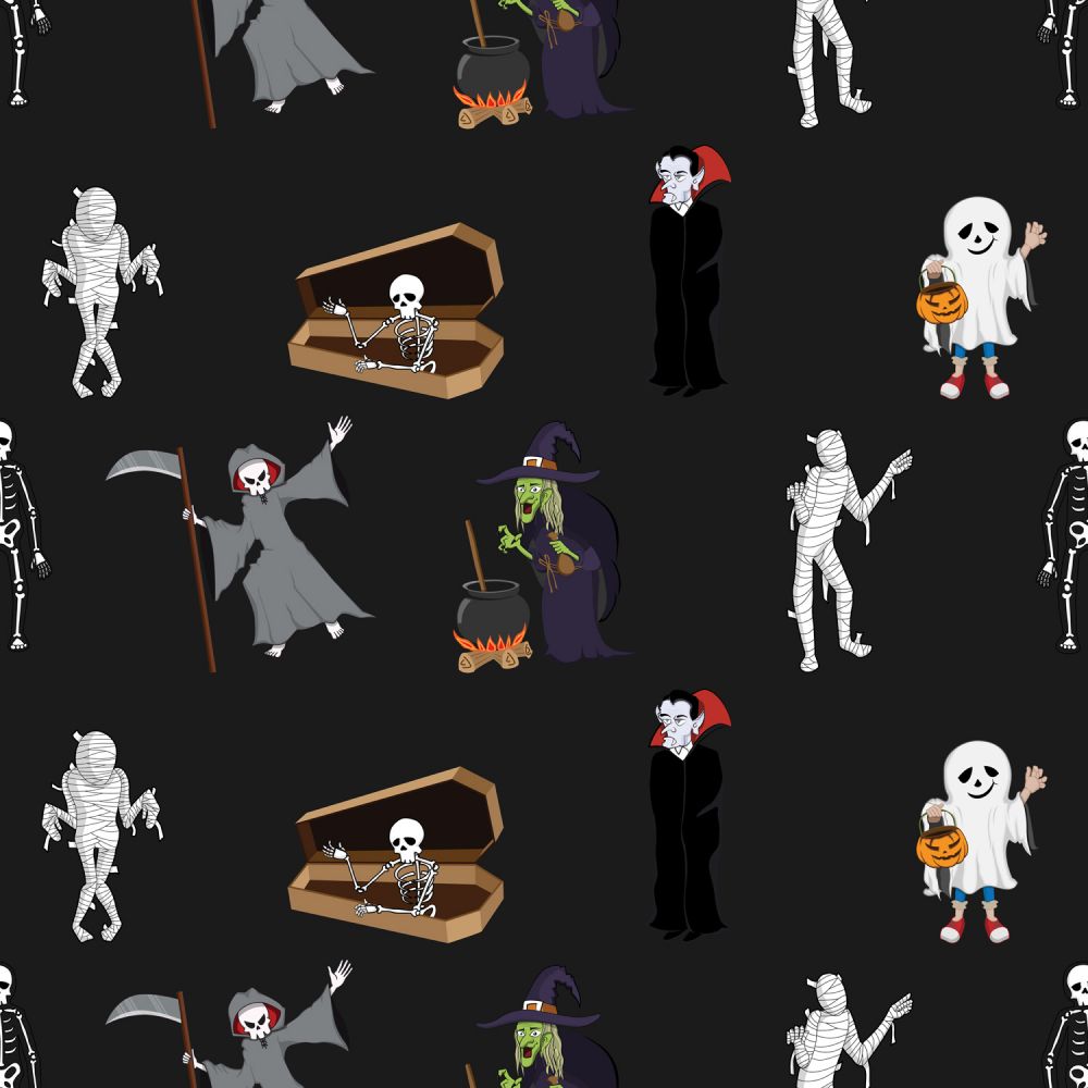 Halloween Spooky Monsters Creatures on Black 100% Cotton Fabric