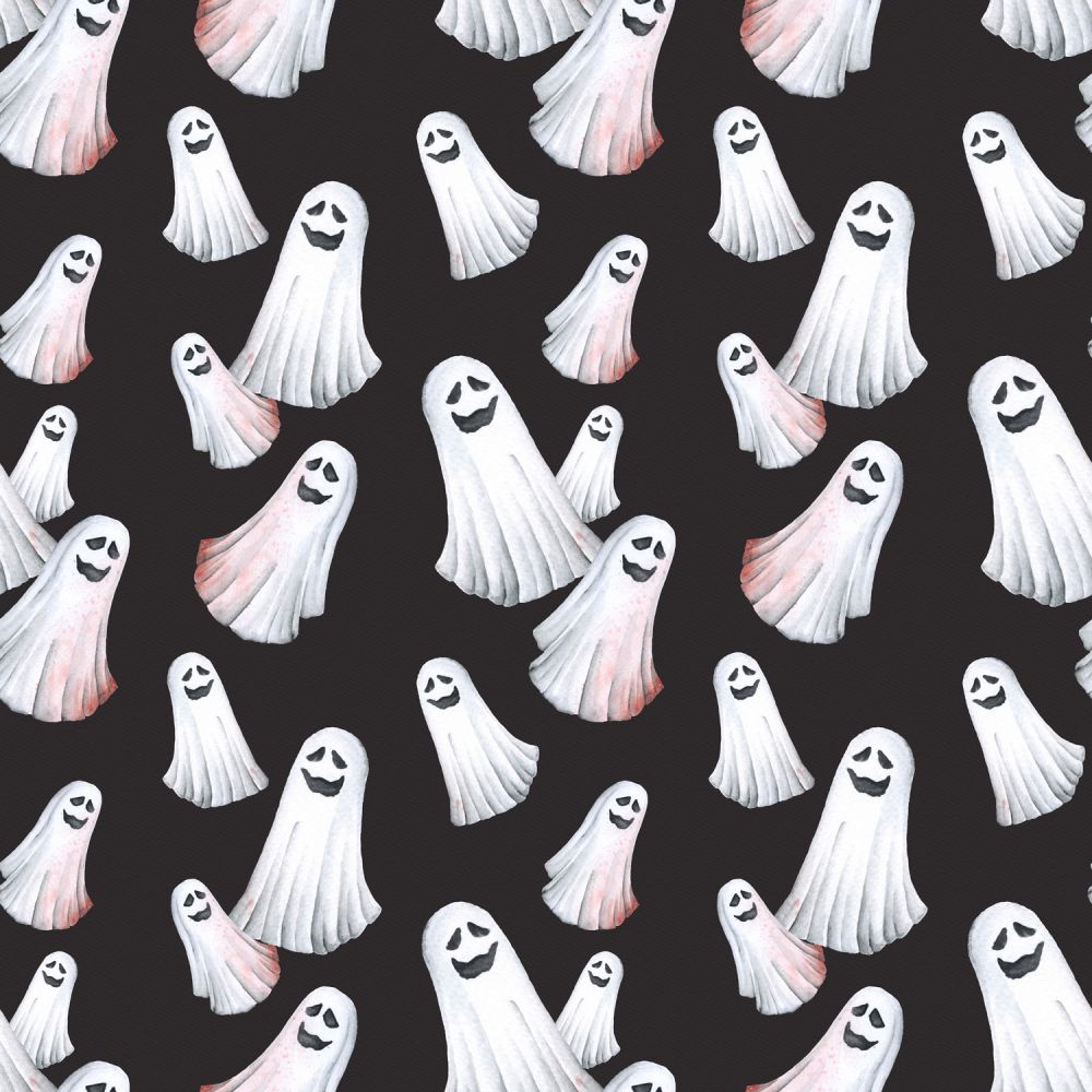 Halloween Spooky Smiling Ghosts on Black 100% Cotton Fabric