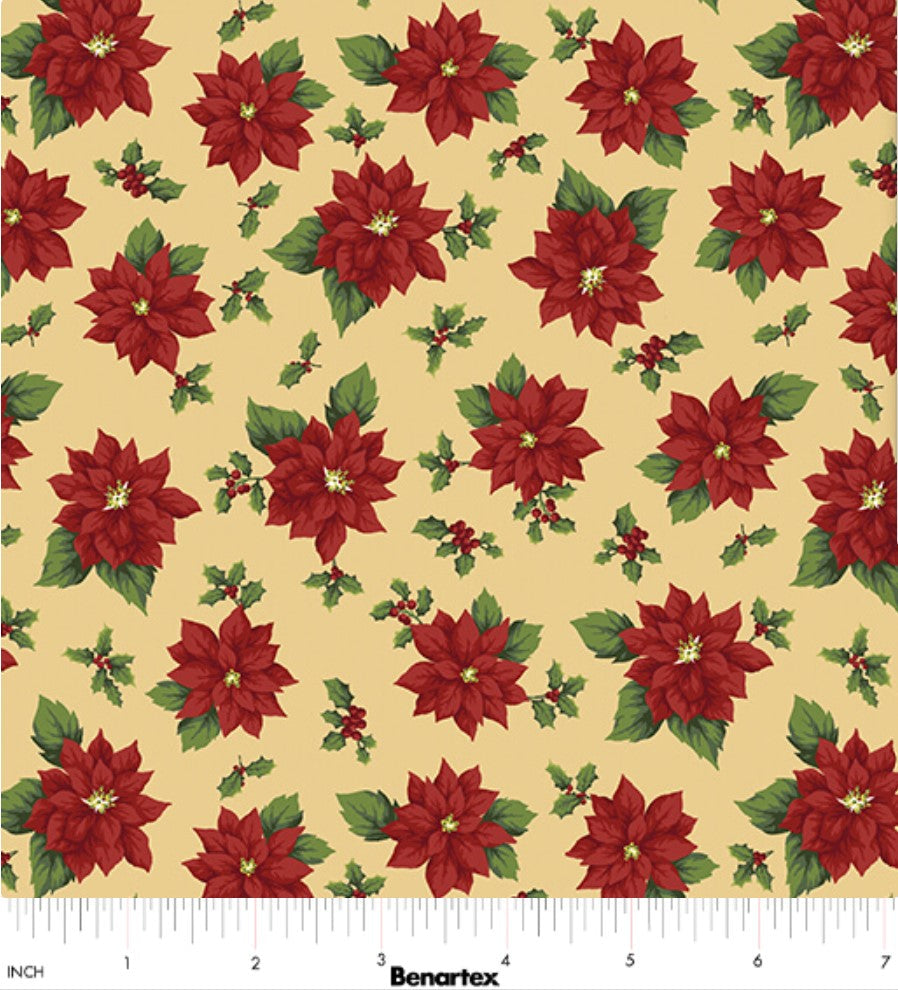 45 x 36 Poinsettia Toss on Honey Benartex 100% Cotton Fabric Christmas